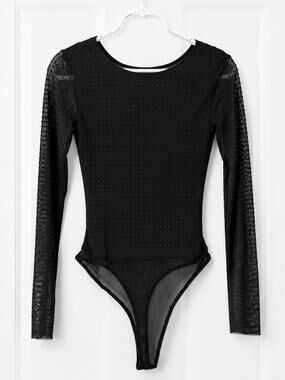 Forever 21 Black Rhinestone Sheer Mesh Long Sleeve Bodysuit XS NWT